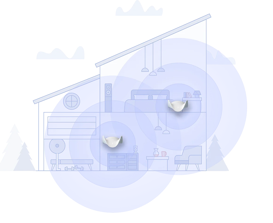 Illustration of mesh Wi-Fi covering a two-storey home