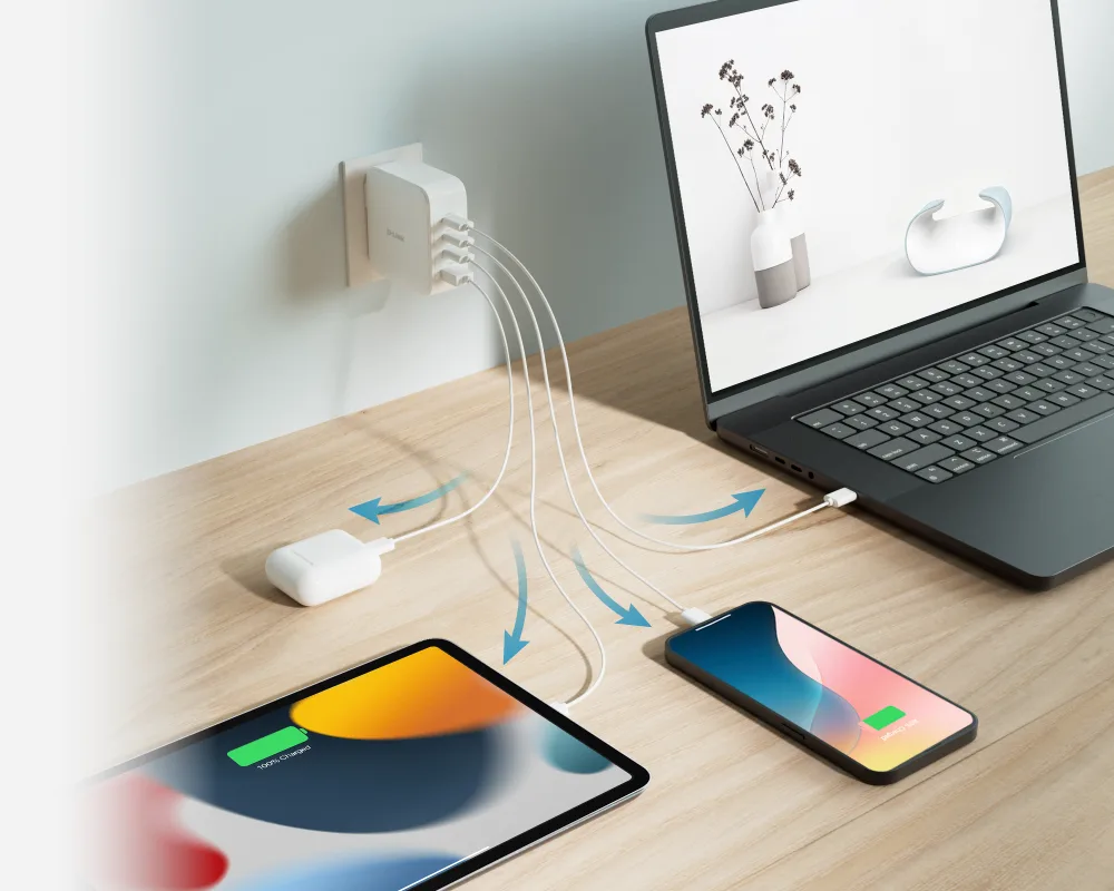 DCP-101 charging 4 devices simultaneously illustration