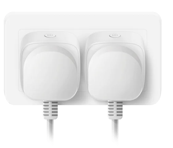 Two Mini Wi-Fi Smart Plugs side by side in a double socket, UK plugs
