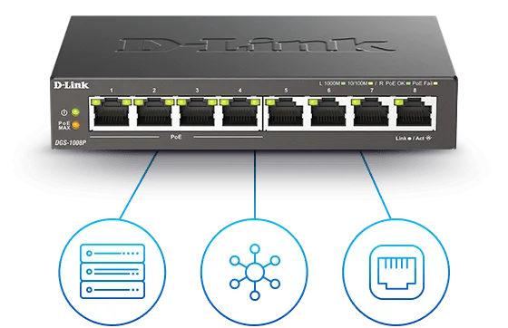 رسم توضيحي للتوصيل المتقاطع التلقائي MDI/MDIX في DGS-1008P