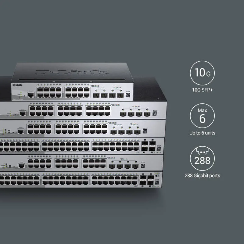 رسم توضيحي للتكديس عبر 10G SFP+ في DGS-1510-28XMP