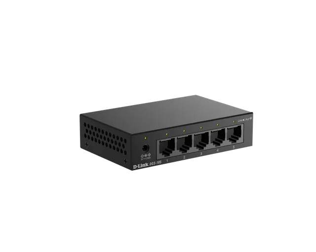 منظر أمامي مائل لمبدّل Gigabit غير مُدار بـ 5 منافذ D-Link DGS-105