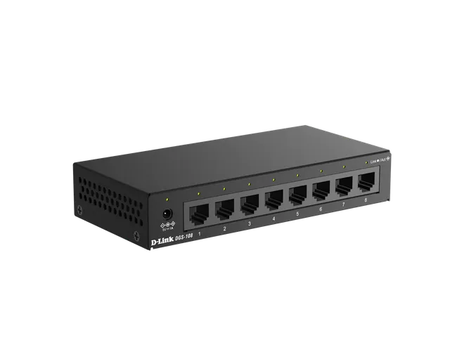 منظر أمامي مائل لمبدّل Gigabit غير مُدار بـ 8 منافذ D-Link DGS-108