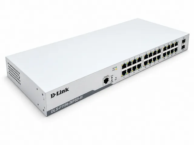 منظر أمامي مائل لمبدّل PoE+ المُدار عبر السحابة D-Link DLS-F1100-26PSD-SI